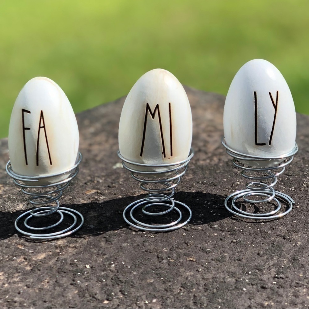 “FAMILY” Farmhouse Wood Egg with Stand Decor Set